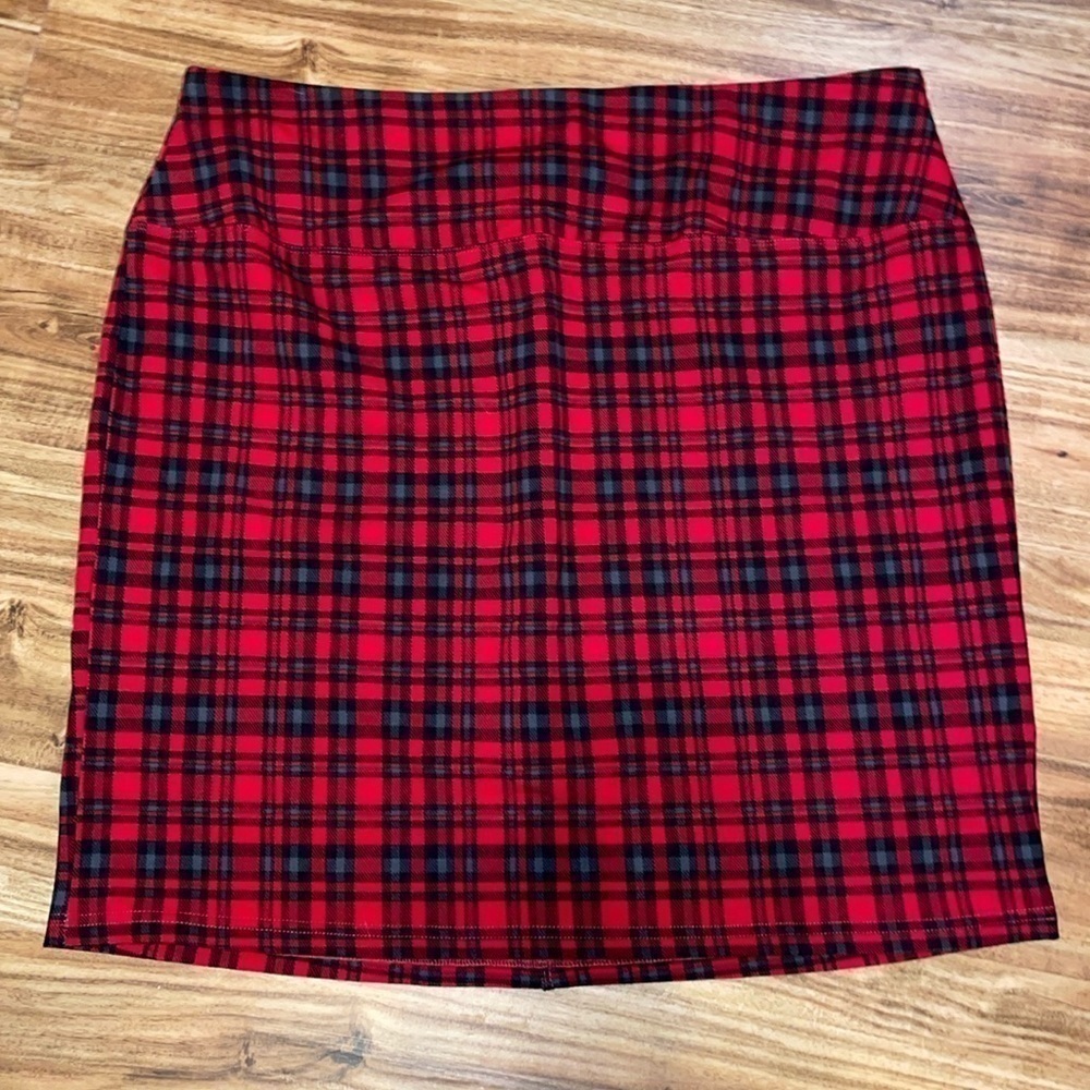 Intro Love the Fit Womens skirt large 12 14 mini red plaid stretch holiday
